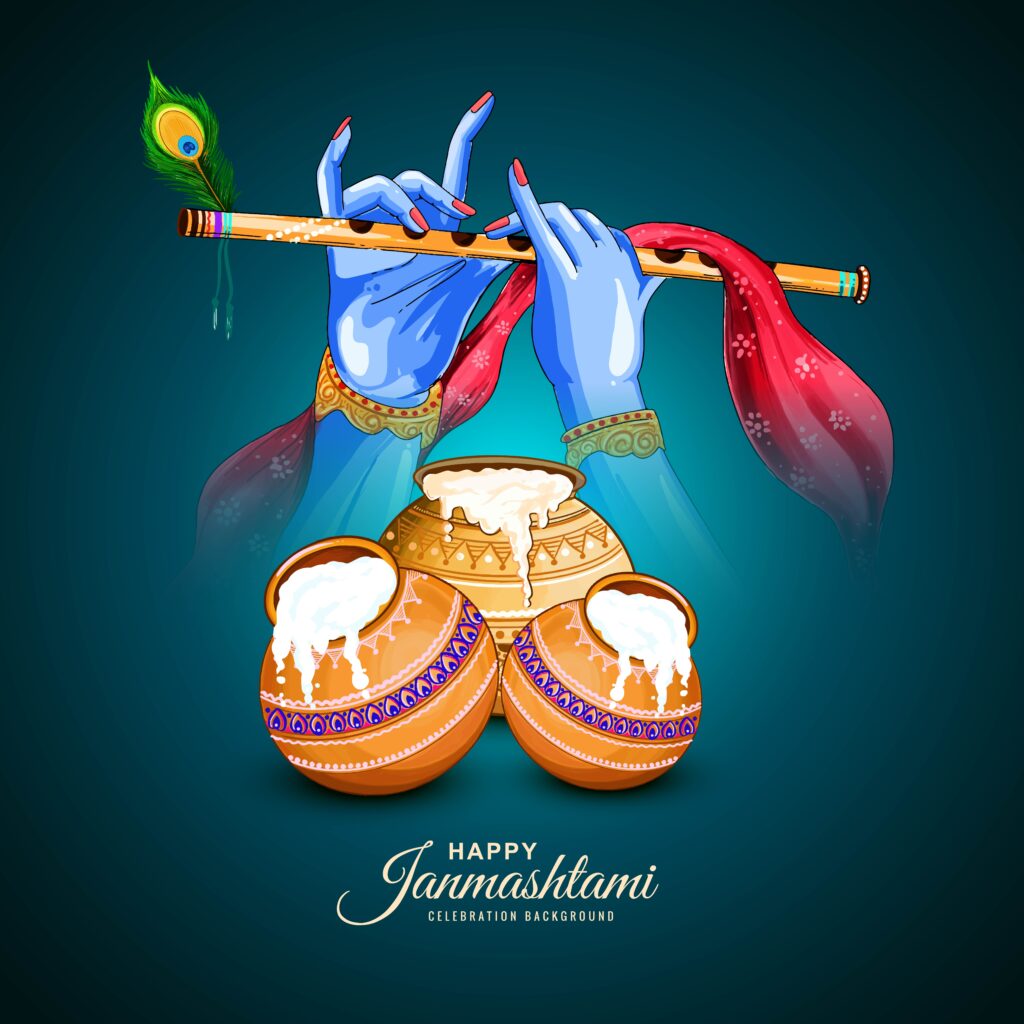 beautiful happy janmashtami with lord krishna hand playing bansu